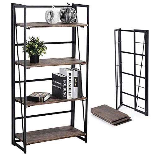 Book Cover Coavas Folding Bookshelf Home Office Industrial Bookcase No Assembly Storage Shelves Vintage 4 Tiers Flower Stand Rustic Metal Book Rack Organizer, 23.6 X 11.8 X 49.4 Inches