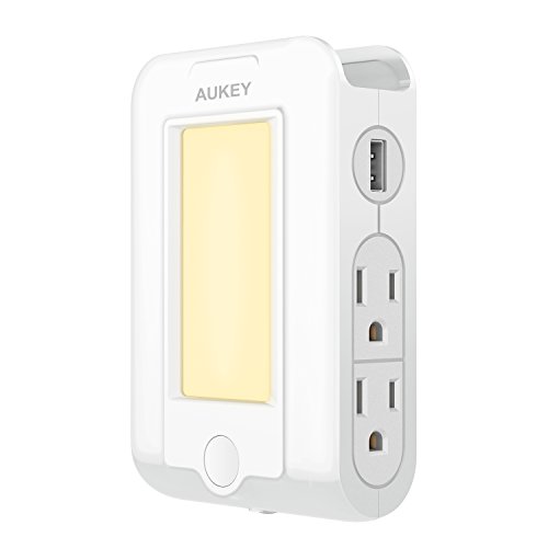 AUKEY USB Outlet with Night Light Plug in, 300 Joules Surge Protection Wall Outlet with 2 USB Charging Ports for Bedroom, Hallway, Bathroom and More