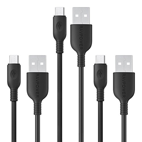 Book Cover RAVPower 3-Pack Micro USB Cable Sync and Charge (3ft x 2, 6ft) for Samsung, Huawei, HTC, Nexus, Motorola, Nokia, LG, MP3, Tablet, Windows, PS4, Camera - Black