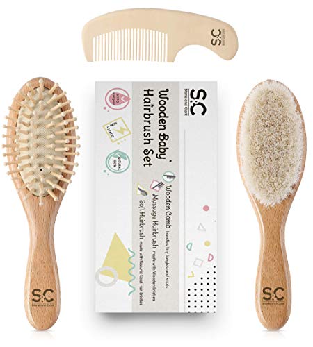Baby Cradle Cap Brush Set of 3 | Natural Baby Hair Brush and Comb to Prevent Cradle Cap for Newborns and Toddlers | Goat Hair Brush and Wooden Massage Combs | Organic Infant Care Gift