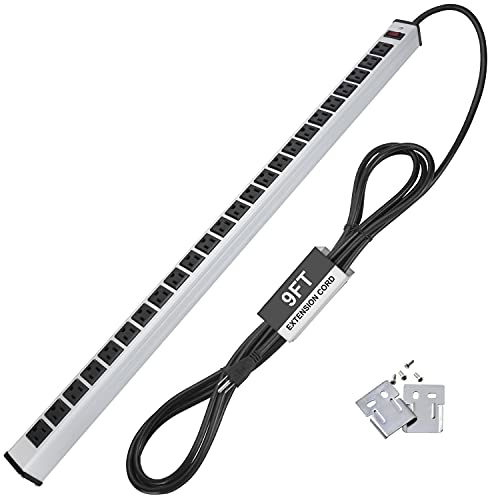 Heavy Duty Metal Power Strip with 24 Grounded AC Outlets, 9ft Long Extension Cord, Aluminum Alloy Housing for Industrial, Commercial and Residential Use, ETL Listed, Silver