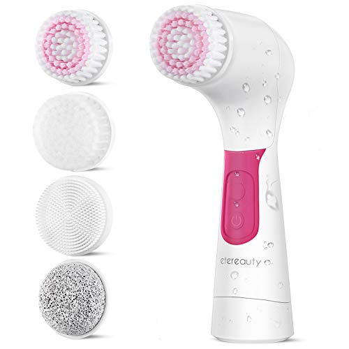 Facial Cleansing Brush,ã€2021 Upgradedã€‘ETEREAUTY Waterproof Facial Spin Brush, 4-in-1 Set Face Brush for Gentle Exfoliation, Deep Scrubbing and Removing Blackhead Fuchsia Pink