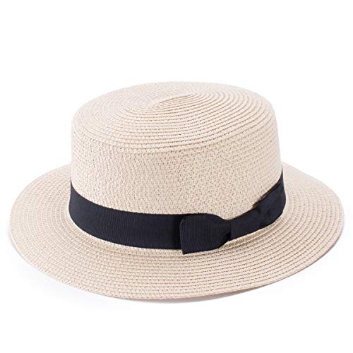 Lawliet Womens Straw Boater Hat Fedora Panama Style Flat Top Ribbon Summer A456
