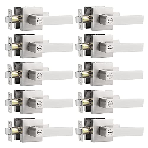 Probrico Square Satin Nickel Bedroom and Bathroom Privacy Door Levers Lockset Keyless Door Locks Handles, Pack of 10
