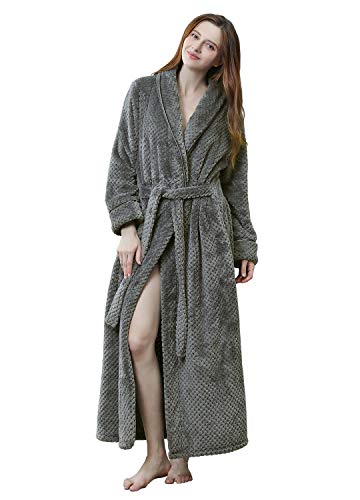 Womens Robe Long Fleece Bathrobe Warm Waist Belt Super Soft Spa Plush Full Length Bath Robe with Shawl Collar Pockets