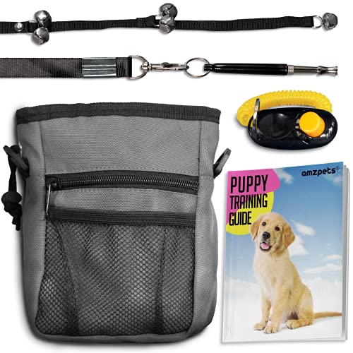 Book Cover AMZpets Dog Training Set - Dogs Clicker, Treat Pouch Bag, Housetraining Door Bells, Ultrasonic Whistle. Puppy Supplies Starter Kit for Teaching Commands, Bark Control and Potty Training
