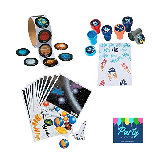 Book Cover Space Solar System Birthday Party Favors - (100) Stickers, (24) Stamps, (12) Solar System Scene Sticker Sheets