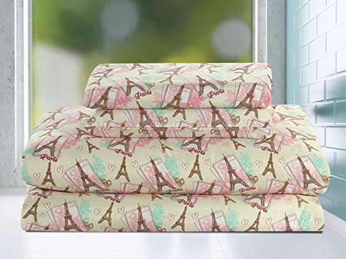 HowPlumb Paris Eiffel Tower Twin Size 3 Piece Sheet Set Microfiber Kids Teen Girls Pink Teal