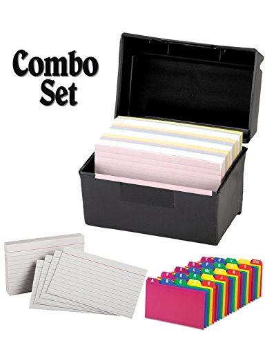 Book Cover Plastic Index Card Flip Top File Box Holds 300 3 x 5 Cards, Matte Black, with Poly Card Guides, A-Z, 3 x 5 -Inch, and Heavy Weight Index Cards, 3