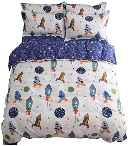 BuLuTu Space Rocket Print Boys Duvet Cover Twin Cotton White Blue Universe Adventure Theme Star Kids Girls Bedding Sets,Astronomy 3 Pieces Boy Bedding with 2 Pillow Shams,No Comforter