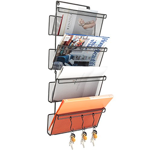 Samstar Wall Mount File Organizer, File Folder Holder Letter Rack Mail Organizer with Key Hooks, Legal Size, 4 Pockets