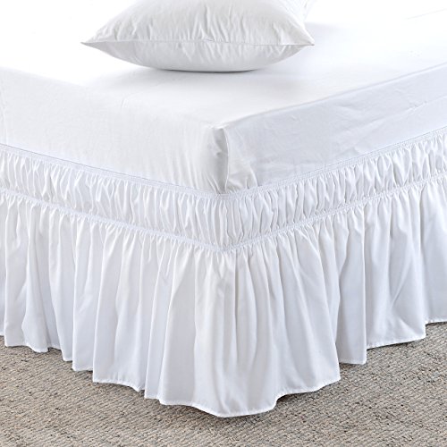 Book Cover MEILA Bed Skirt Three Fabric Sides Elastic Wrap Around Dust Ruffled Solid Bed Skirts Easy On/Easy Off 16 Inch Tailored Drop, White, Queen/King