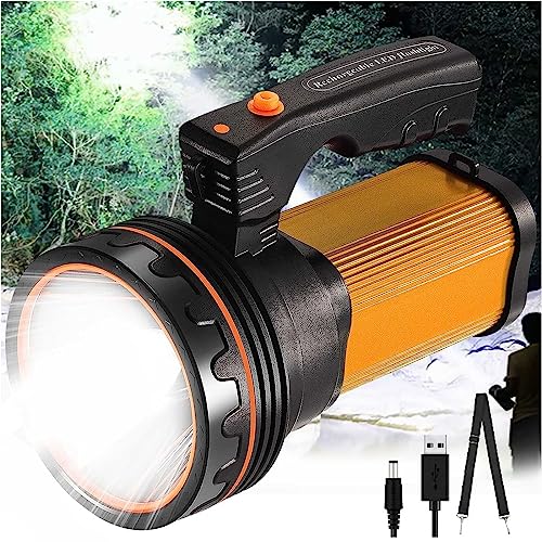 CSNDICE Rechargeable Spotlight Flashlight -Flashlights High Lumen 90000 IPX45 Waterproof Spotlight 6600mAh Power Bank with USB Cable and Carrying Strap Carrying Strap for Camping Hiking Outdoor (Gold)