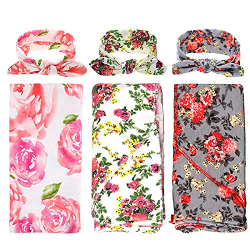 3 Pack Receiving Blanket with Headbands BQUBO Newborn Baby Floral PrintedBaby Shower Swaddle Gift