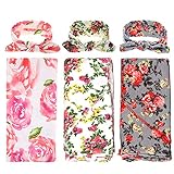 DRESHOW BQUBO 3 Sets Receiving Blanket with Headbands Newborn Baby Floral Printed Baby Shower Swaddle Gift