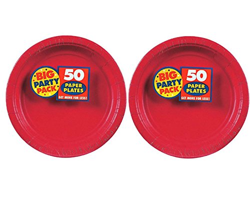 Amscan Big Party Pack 50 Count Paper Luncheon Plates Value 2-Pack (100 count total), 7-Inch, Apple Red