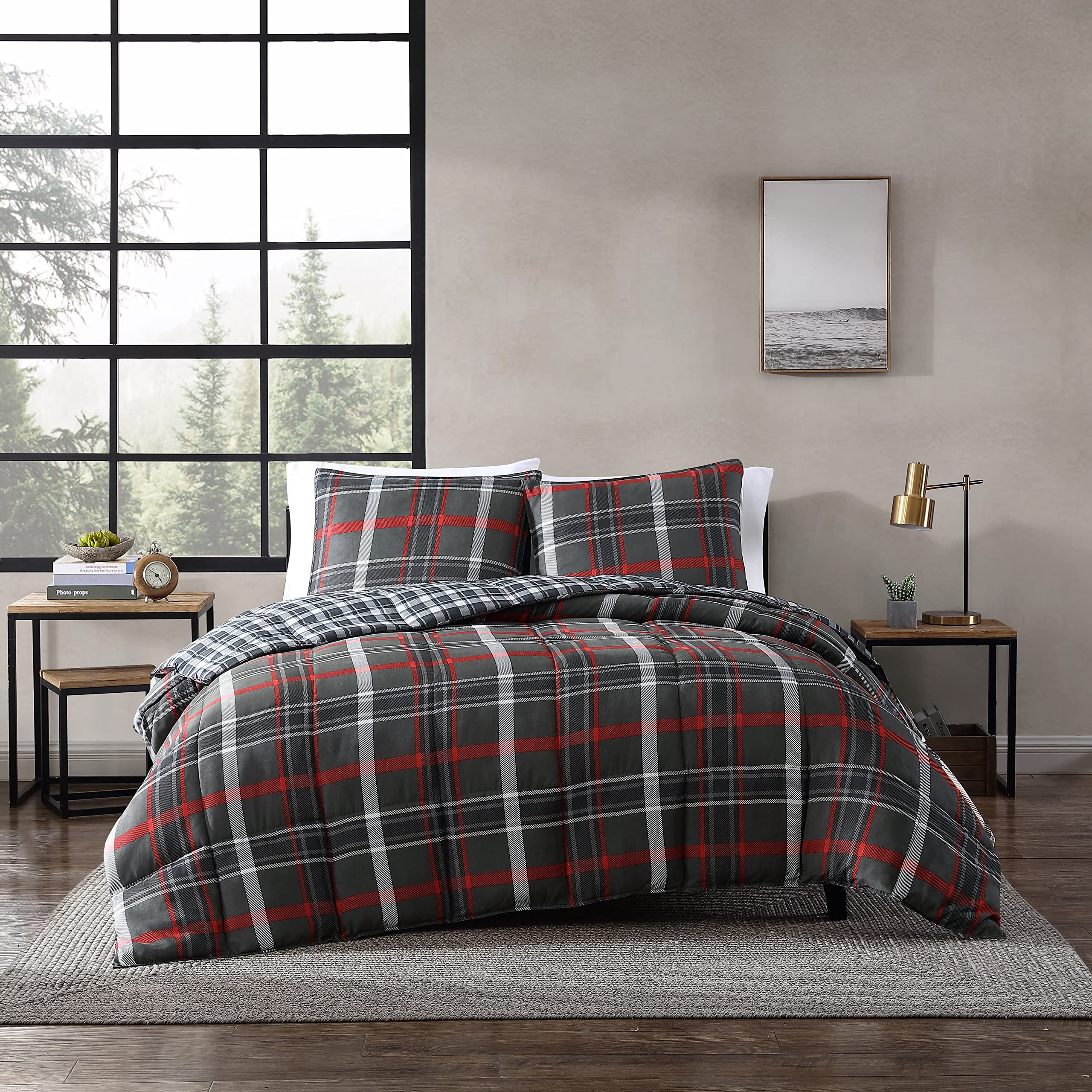 Book Cover Eddie Bauer - Twin Comforter Set, Reversible Plaid Bedding with Matching Sham, Home Decor for Colder Months (Willow Dark Grey, Twin) Twin Willow Dark Grey/Red