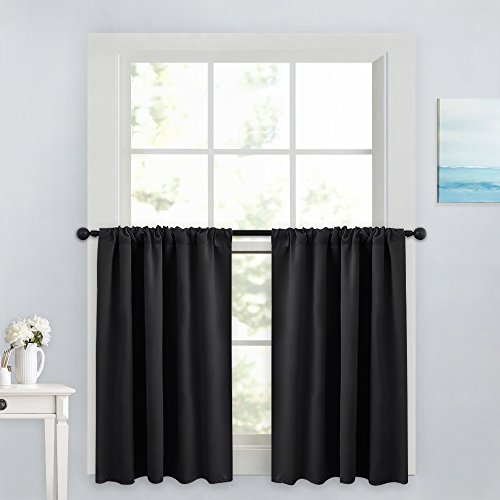 PONY DANCE Short Blackout Kitchen Curtains 36 inch Length, Half Window Cafe Panles, Black Out RV Bunk Drapes, Thermal Insulated Small Curtains for Basement&Camper, W42 x L36 inches, Black, 2 Panels