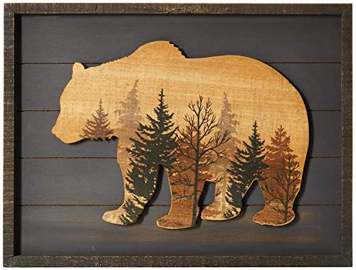 Book Cover NIKKY HOME Wooden Framed Grizzly Bear and the Woods Wall Art Prints for Cabin Lodge Decor, Gray