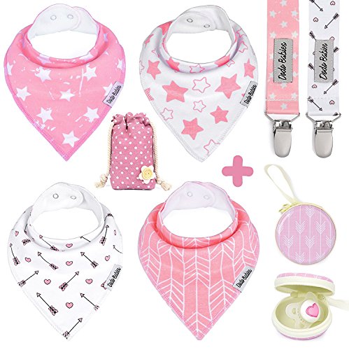 Book Cover Dodo Babies Baby Bandana Drool Bib Set - 4pc Infant Bibs with 2 Pacifier Clips, Binky Case, Gift-Ready Bag - Soft Absorbent Cotton with Polyester Back - Adjustable Buttons to Fit 3-24 -Month Old Girls