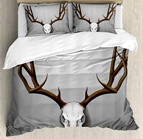 Ambesonne Antler Duvet Cover Set, Realistic Deer Skull with Large Horns Elk Skeleton on Abstract Backdrop Print, Decorative 3 Piece Bedding Set with 2 Pillow Shams, Queen Size, White Brown