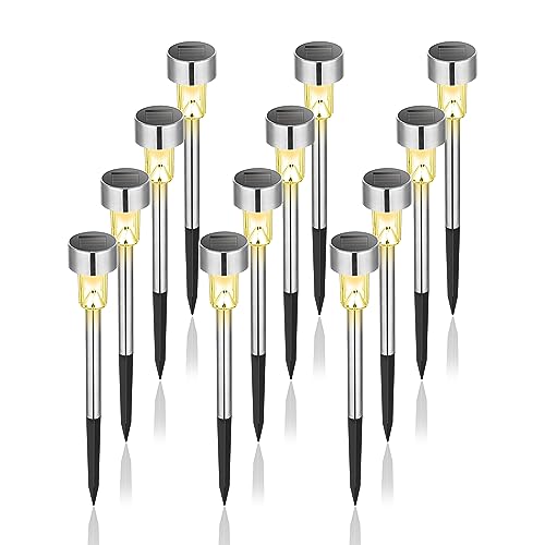GIGALUMI Solar Lights Outdoor Waterproof, 12Pack Stainless Steel Solar Outdoor Lights, LED Outdoor Solar Lights Pathway Lights Solar Garden Lights for Patio, Lawn, Yard and Landscape-(Warm White)