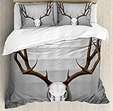 Ambesonne Antler Duvet Cover Set, Realistic Deer Skull with Large Horns Elk Skeleton on Abstract Backdrop Print, Decorative 3 Piece Bedding Set with 2 Pillow Shams, Queen Size, White Brown