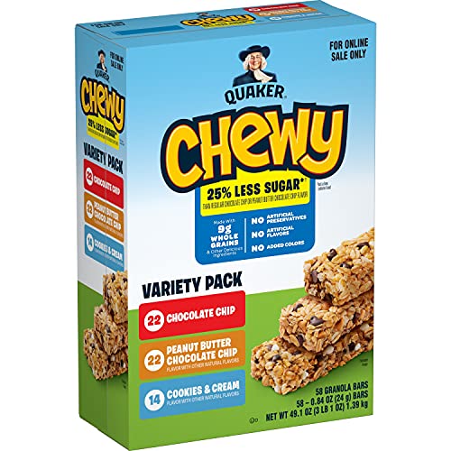 Book Cover Quaker Chewy Lower Sugar Granola Bars, 3 Flavor Variety Pack (58 Pack)