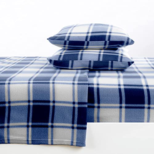 Super Soft Plaid Micro Fleece Sheet Set. Cozy, Warm, Durable, Smooth, Breathable Winter Sheets with Plaid Pattern. Dara Collection by Great Bay Home Brand. (Full, Navy)