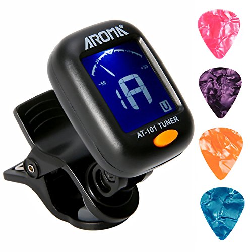 Book Cover Clip On Guitar Tuner For All Instruments, Ukulele, Guitar, Bass, Mandolin, Violin, Banjo, Large Clear LCD Display For Guitar Tuner, Chromatic Tuner, 4 Pack Guitar Picks Included