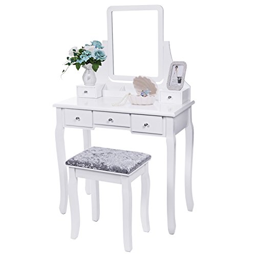 BEWISHOME Vanity Set with Mirror & Cushioned Stool Dressing Table Vanity Makeup Table 5 Drawers 2 Dividers Movable Organizers White FST01W