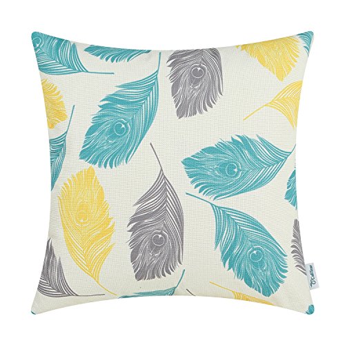 Book Cover CaliTime Cushion Covers 1 Pack 45cm x 45cm Yellow/Turquoise/Grey Decoration Peacock Feathers Throw Pillow Cases