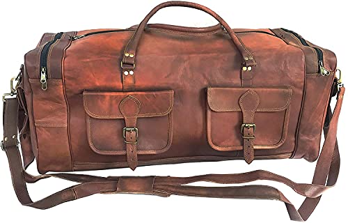 KK's 30 Inch Real Goat Vintage Leather Large Travel Duffel Luggage Handmade, Gym, Hiking vintage brown Holdall Carry All Genuine Duffel Bag , Size 30" Inch