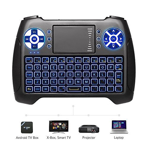 Book Cover (2019 Latest, Backlit) ANEWISH 2.4GHz Mini Wireless Keyboard with Touchpad Mouse Combo, Rechargable Li-Ion Battery & Multi-Media Handheld Remote for Google Android TV Box, PS3, PC, Pad