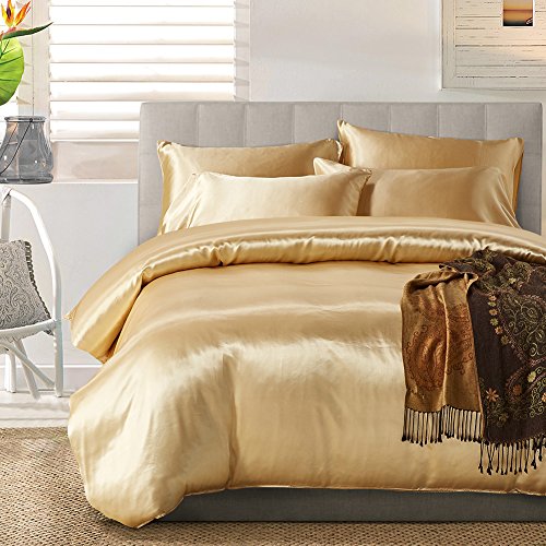 Book Cover AiMay 3 Piece Duvet Cover Set Super Soft Satin Silk Honeymoon Sexy Luxury 100% Microfiber Thin Light Weight Bedding Collection (King, Gold)