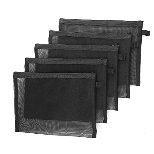Black Zipper Lock Mesh Storage Bags,Cosmetic Bags,Mesh Bag with Zipper,Travel Organizer Bags,Clear Pencil Case(5 pcs- black)