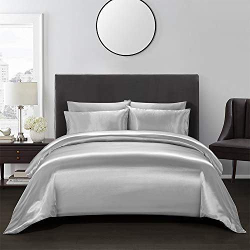 Book Cover AiMay 3 Piece Satin Duvet Cover Set Bedding Sets 1800 Series Luxury Rich Silk Silky Super Soft Solid Color Reversible Comfortable Honeymoon Wrinkle Free (King, Grey)