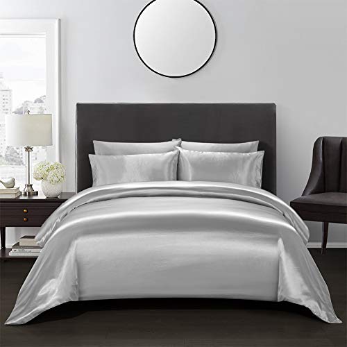 AiMay 3 Piece Satin Duvet Cover Set Bedding Sets 1800 Series Luxury Rich Silk Silky Super Soft Solid Color Reversible Comfortable Honeymoon Wrinkle Free (King, Grey)