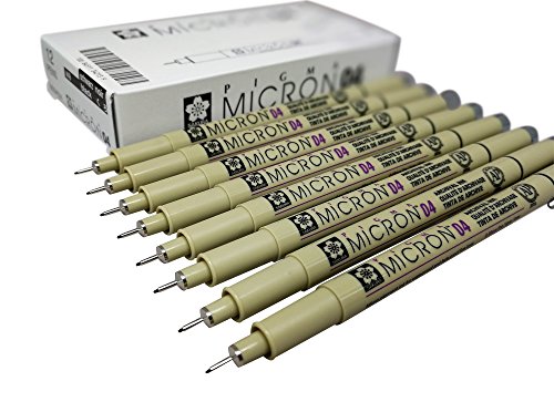 Sakura Micron Pigma Ink drawing pens for manga drawing, scrapbooking supplies - 8 artist pens - 8 pack (04, 8 pct set, black)