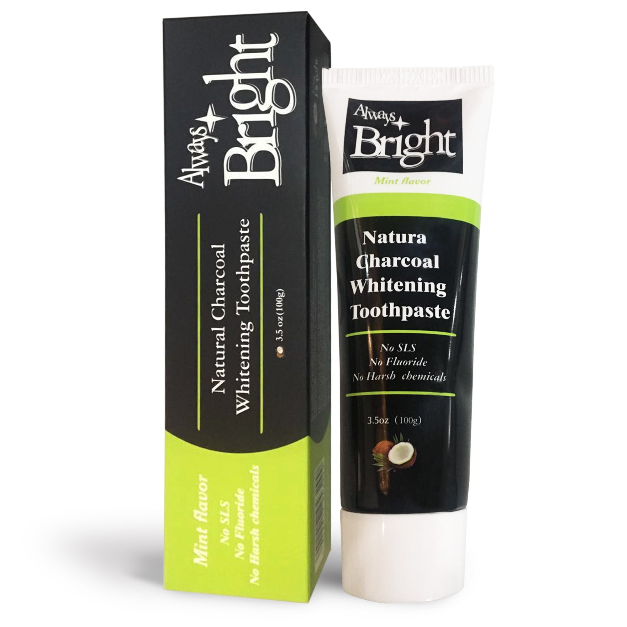 Always Bright - Activated Charcoal Teeth Whitener Toothpaste - Organic Bamboo Charcoal Toothpaste - New Intensive Natural Formula for Teeth Whitening with Coconut Oil and Bicarbonate – Mint Flavor