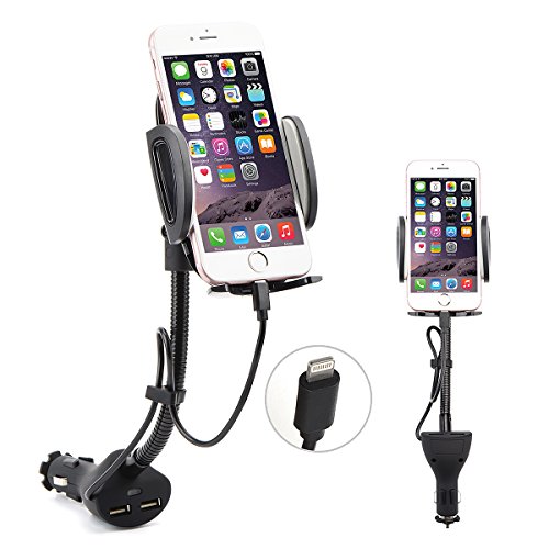 AUOPLUS Cigarette Lighter Phone Holder Car Mount Charger 3.1A Dual USB Ports with Built-in Charging Cord for iPhone