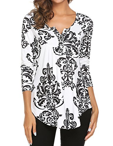 Women's Paisley Printed Long Sleeve Henley V Neck Pleated Casual Flare Tunic Blouse Shirt