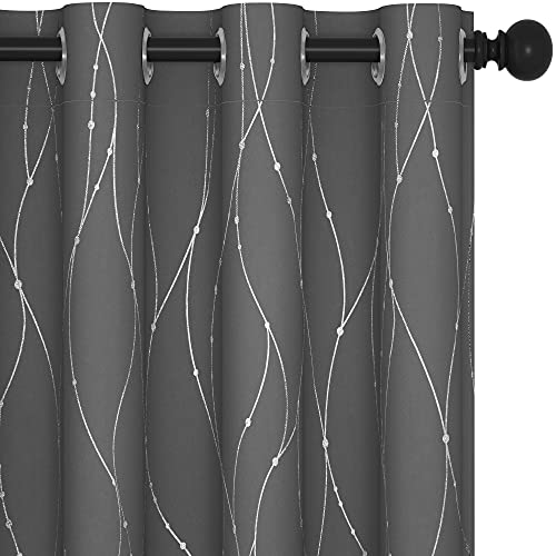 Deconovo Blackout Curtains, Grey Curtain, Thermal Insulated Soundproof Curtain Drapes, Wave Dot Foil Print, 52 x 84 Inch, 2 Panels, Machine‑Washable Privacy Window Drape for Bedroom Living Room Office