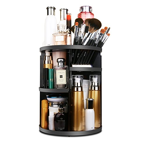 MOFIR Makeup Organizer 360 Degree Rotating, Adjustable Multi-Function Cosmetics Storage Box, Small Size Extra Large Capacity, Fits Different Sizes of Cosmetics ... (Circle, Black)