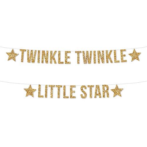 Book Cover Andaz Press Real Glitter Paper Pennant Hanging Banner, Twinkle Twinkle Little Star, Gold Glitter, Includes String, Pre-Strung, No Assembly Required, 1-Set, Baby Shower Nursery Decor
