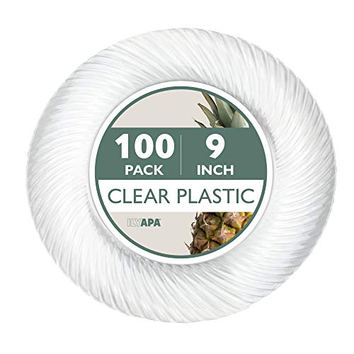 Ilyapa 100 Premium Clear Plastic Plates for Dinner Party or Wedding - 9 Inch Fancy Disposable Plastics Plates