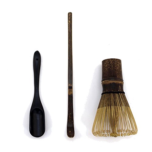 BambooMN Matcha Whisk Set - Black Chasen (Tea Whisk) + Black Chashaku (Hooked Bamboo Scoop) + Black Deep Scoop - 1 Set