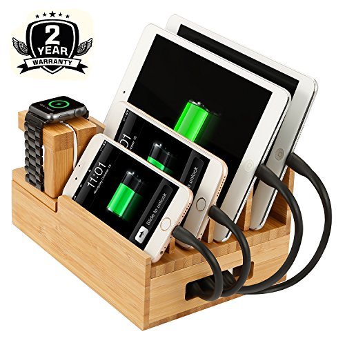 Bamboo Charging Station & Multi Device Organizer, Large Capacity Desktop Cord Organizer Dock Compatible with Smartphones iPhone iPad and Tablets-Durable and Eco-Friendly (Nature Bamboo)