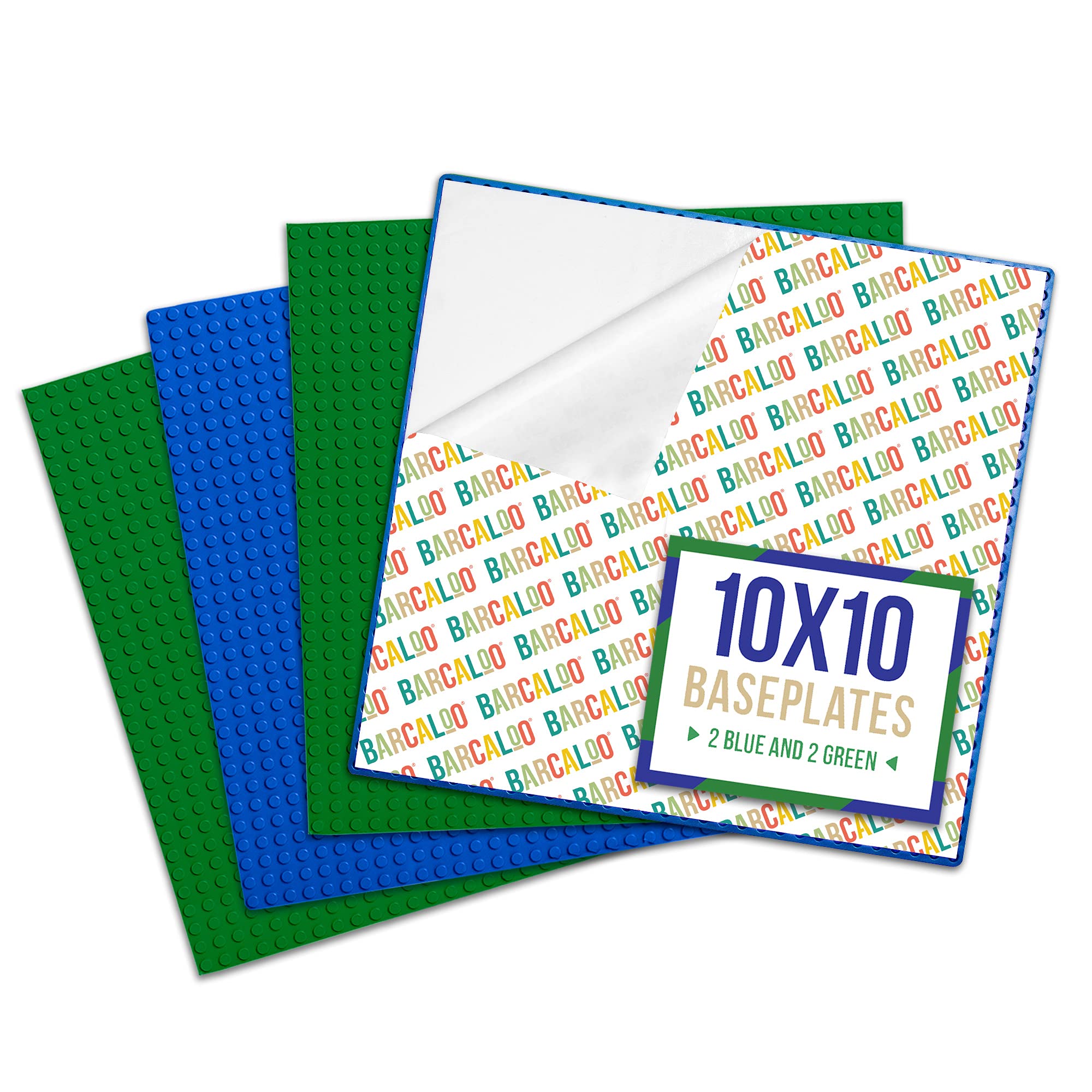 Book Cover Barcaloo Peel and Stick Baseplates - Self Adhesive Building Brick Plates for Table Top Play - 10 Inch x 10 Inch Adhesive Base Plate Panels, Compatible with All Major Brands - 4 Pack, (2 Blue, 2 Green) 2 Blue & 2 Green Baseplates Peel & Stick