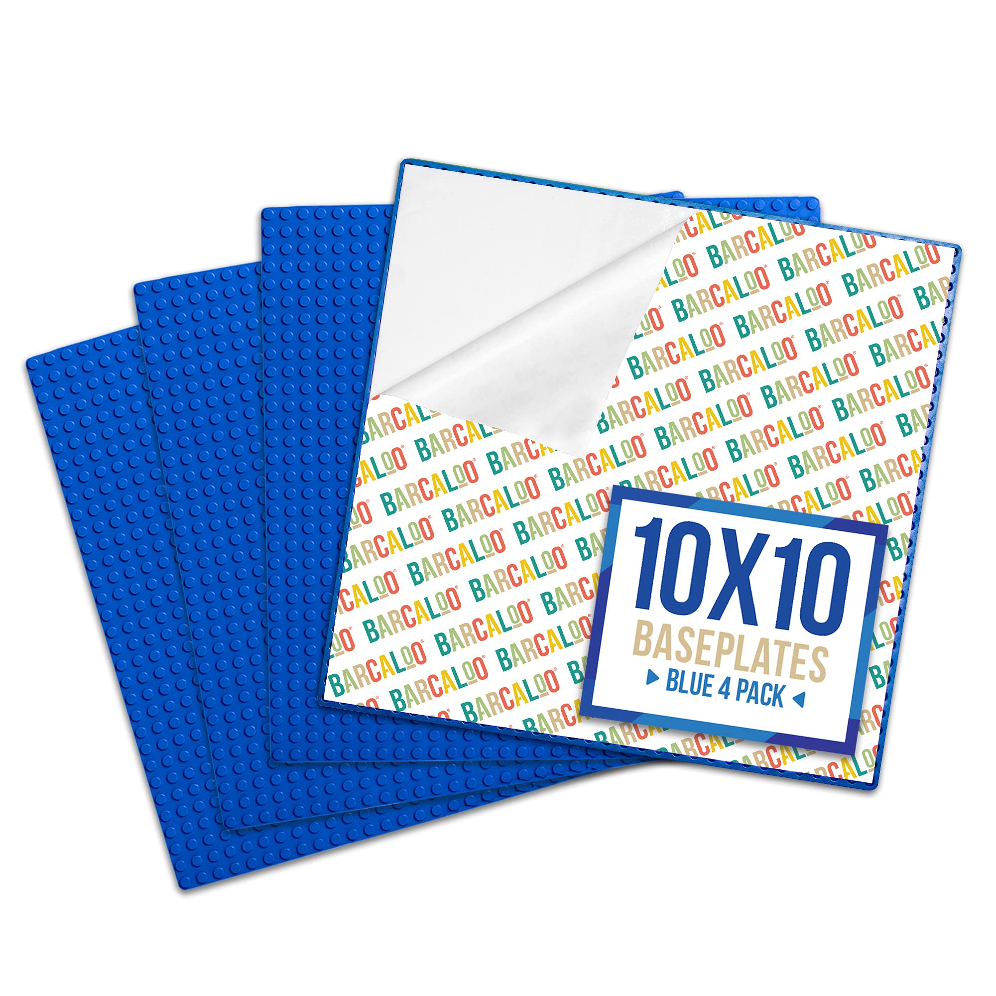 Barcaloo Peel and Stick Baseplates - Self Adhesive Building Brick Plates for Table Top Play - 10 Inch x 10 Inch Adhesive Base Plate Panels, Compatible with All Major Brands - 4 Pack, Blue 4 Blue Baseplates Peel & Stick